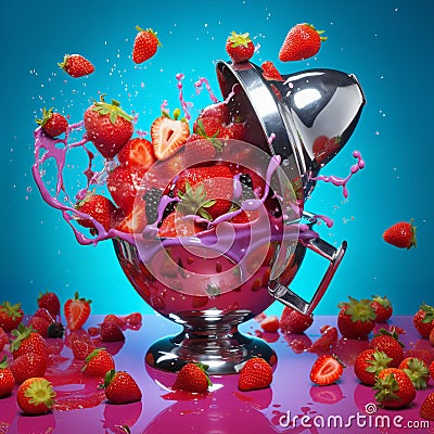 strawberries with creamy splashes in the mixer bowl, fresh and healthy food Stock Photo