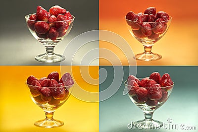 Strawberries in glass cups mosaic - four differently colored rectangles in one frame Stock Photo