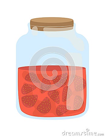 Strawberries in a glass jar with red jam or compote. Preserved fruits, homemade preserves illustration. Food storage Vector Illustration