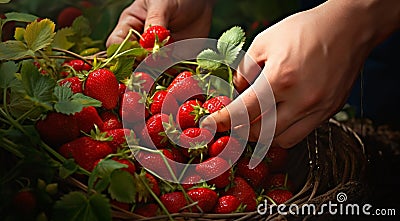 strawberries in hand, close-uo of hand picking strawberries, strawberries in the garden, harvest for strawberries Stock Photo