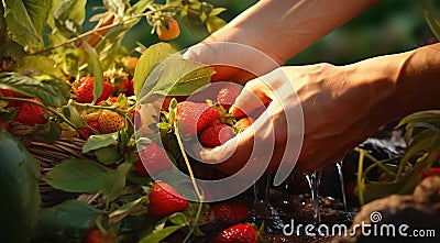 strawberries in hand, close-uo of hand picking strawberries, strawberries in the garden, harvest for strawberries Stock Photo