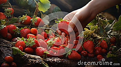 strawberries in hand, close-uo of hand picking strawberries, strawberries in the garden, harvest for strawberries Stock Photo