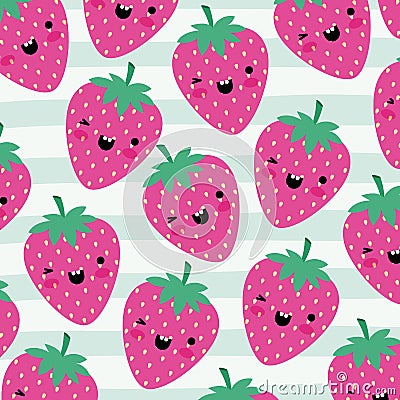 Strawberries kawaii fruits pattern set on decorative lines color background Vector Illustration
