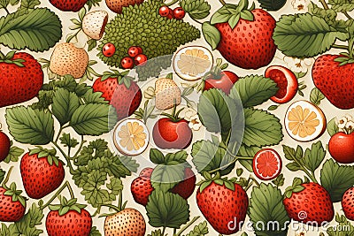 strawberries lemons oranges and other fruits are shown in this pattern Stock Photo