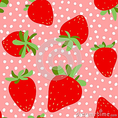 Strawberries seamless pattern. Red strawberry with green leaves Vector Illustration