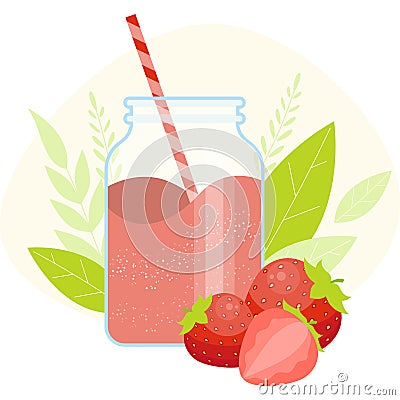 Strawberries smoothie in glass jar. Healthy diet food. Detox breakfast Vector Illustration