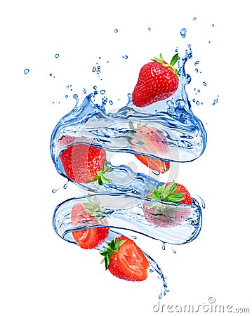 Strawberries with splashes of water in a swirling shape on white Stock Photo