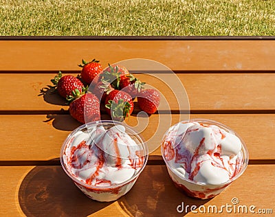 Strawberries and vanilla ice frozen joghurt cream refreshing cold summer dessert Stock Photo