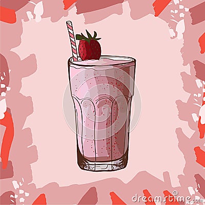 Strawberry banana smoothie recipe. Menu element for cafe or restaurant with energetic fresh drink. Fresh juice for healthy life Cartoon Illustration