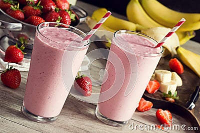 Strawberry Banana Smoothies with Ingredients Stock Photo