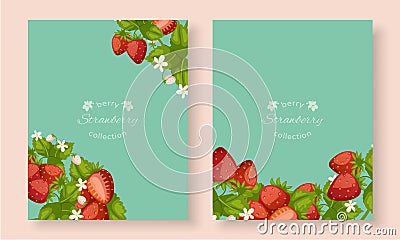 Strawberry banners set with berries and leaves and typography cartoon vector illustration. Vector Illustration