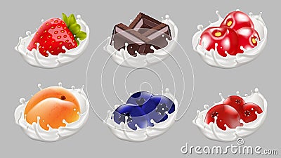 Strawberry, blueberry, apricot, cranberry, cherry and chopped chocolate in milk or yogurt splash. Vector Illustration