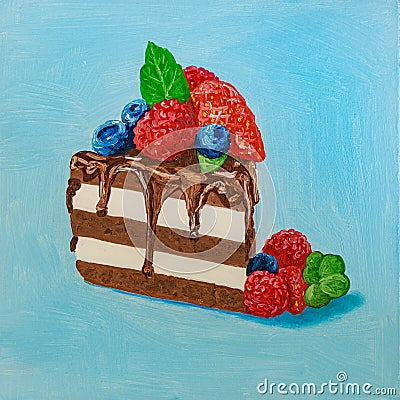 Strawberry, blueberry, raspberry ,chocolate cake, oil painting Cartoon Illustration