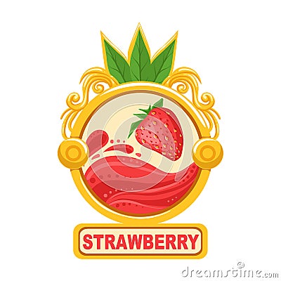 Strawberry Bright Color Jam Label Sticker Template In Round Frame Vector Illustration