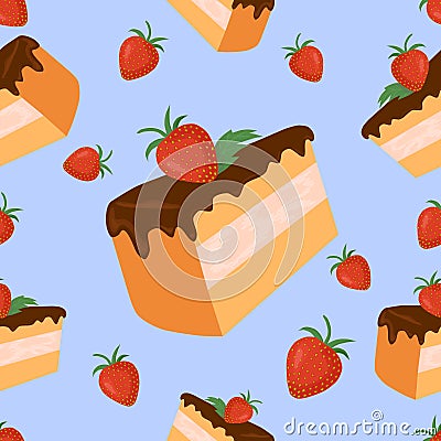 Strawberry cake blue background Vector Illustration