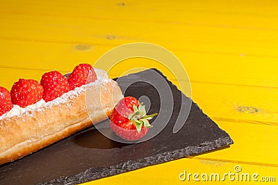 Strawberry cake. Bright vivid color vibrant summer food image. Stock Photo