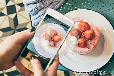 Strawberry Cake mobile photo for food blogger. Stock Photo