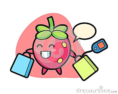 Strawberry cartoon holding a shopping bag Vector Illustration