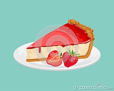 Strawberry cheesecake on plate. Vector illustration of sweet berry cake Vector Illustration