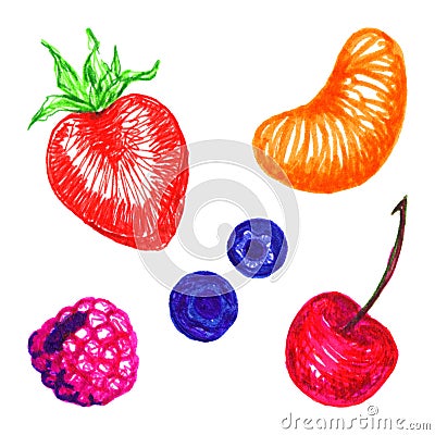 Strawberry cherry blueberry raspberry mandarin berry fruit sketch set isolated Stock Photo