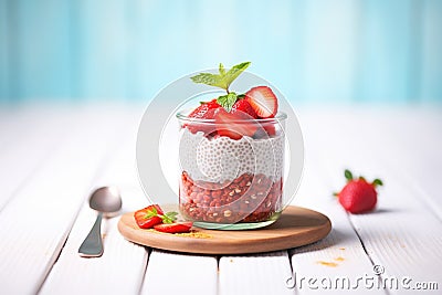 strawberry chia pudding with sliced strawberries, mint leaf Stock Photo