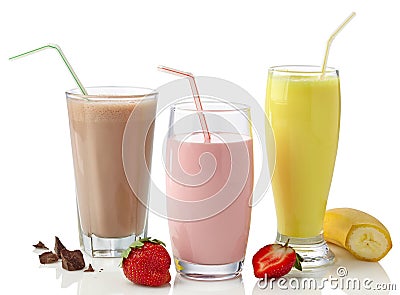 Strawberry, chocolate and banana milkshakes Stock Photo