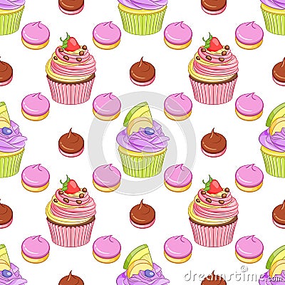 Strawberry chocolate and blueberry lemon cupcakes and meringues vector seamless pattern. Vector Illustration