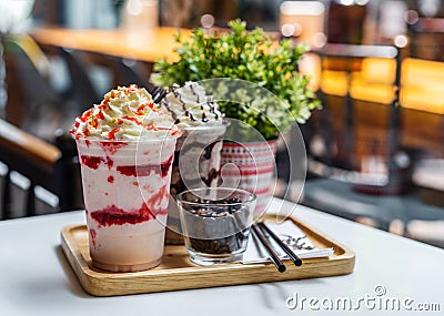 Strawberry and chocolate frappe with whipped cream Stock Photo