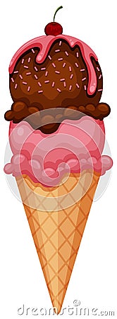 Strawberry Chocolate Ice Cream Cone Vector Illustration