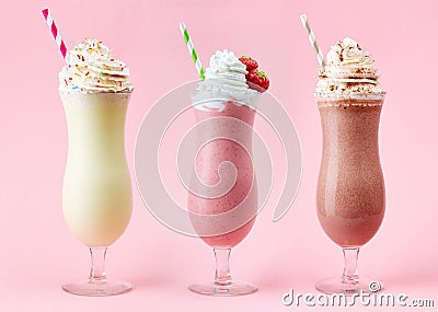 Vanilla, Strawberry and Chocolate milkshake Stock Photo