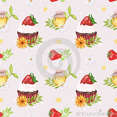 Strawberry chocolate watercolor cupcake. Seamless pattern with muffin with strawberries, honey and flowers. Hand drawing Stock Photo