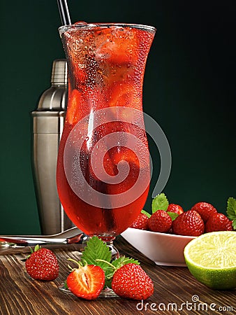 Strawberry Cocktail with Strawberries in a Hurricane Glass Stock Photo