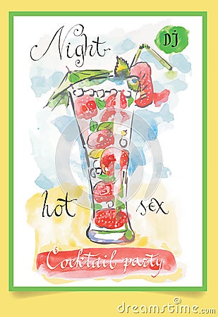 Strawberry cocktail - poster for party Vector Illustration