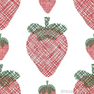 Strawberry cotton cut out seamless vector pattern background. Frayed edges weave stitch effect red berries on white Vector Illustration