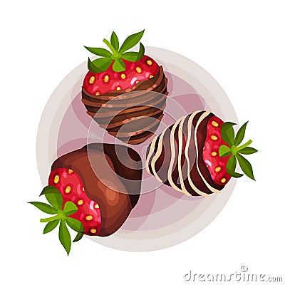 Strawberry Covered with Chocolate Glaze as Dessert Served on Plate Vector Illustration Vector Illustration