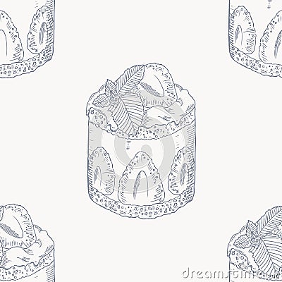 Strawberry cream cake outline seamless pattern Vector Illustration