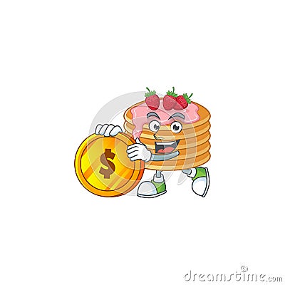 Strawberry cream pancake rich cartoon character have big gold coin Vector Illustration