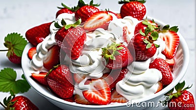 Strawberry with cream in white bowl. Closeup photorealistic concept design image Stock Photo