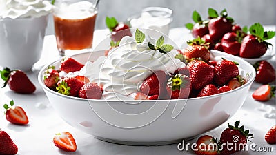 Strawberry with cream in white bowl. Closeup photorealistic concept design image Stock Photo