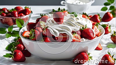 Strawberry with cream in white bowl. Closeup photorealistic concept design image Stock Photo