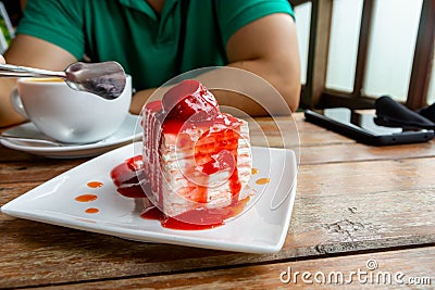 Strawberry crepe cake with strawberry jam Stock Photo