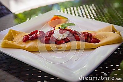 Strawberry Crepe garnished with Mint Stock Photo