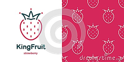 Strawberry with crown in doodle style and seamless pattern. Stylized fruit, berry. Vector Illustration