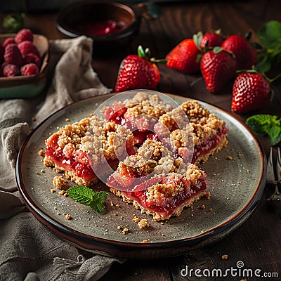 strawberry crumble bars on a plate, delicious, tasty, dark colors, Stock Photo