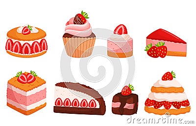 Strawberry Desserts, Bursting With Sweet And Tangy Flavors. Cake, Muffin, Tart Or Cupcake, Creamy Cheesecake Vector Illustration