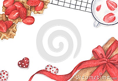 Strawberry desserts with gift box and chocolate heart. Flat lay. Watercolor illustration Cartoon Illustration