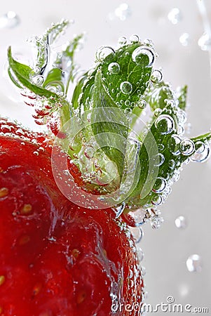 Strawberry detail with bubbles Stock Photo