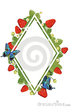 Strawberry diamond border. Vector illustration of strawberry text frame with leaves isolated on white Cartoon Illustration