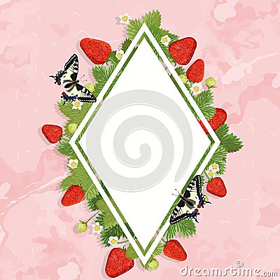 Strawberry diamond border. Vector illustration of strawberry text frame with leaves Cartoon Illustration