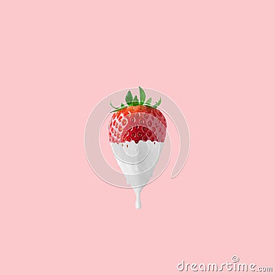 Strawberry with dripping white paint on pink background. Minimal food concept Stock Photo